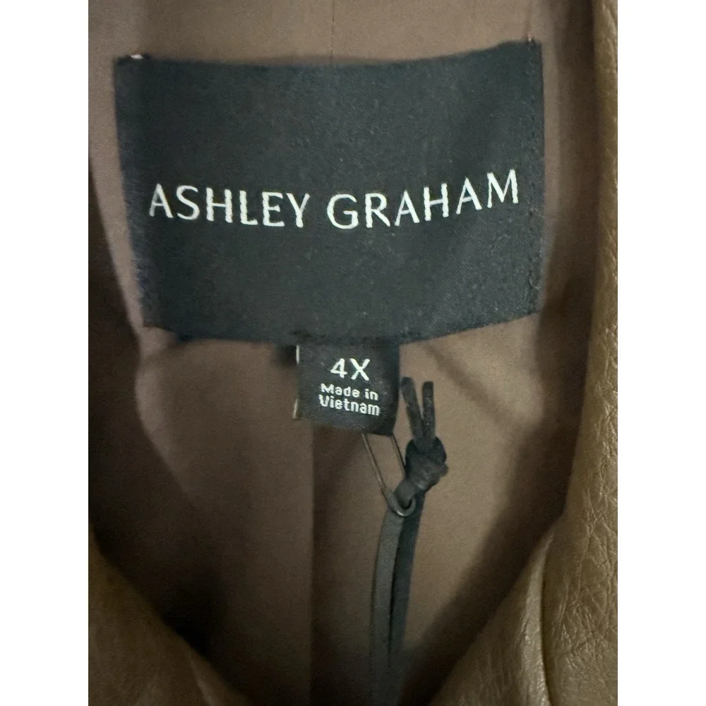 New Ashley Graham Women 4X Brown Faux Leather Midweight Motorcycle Jacket